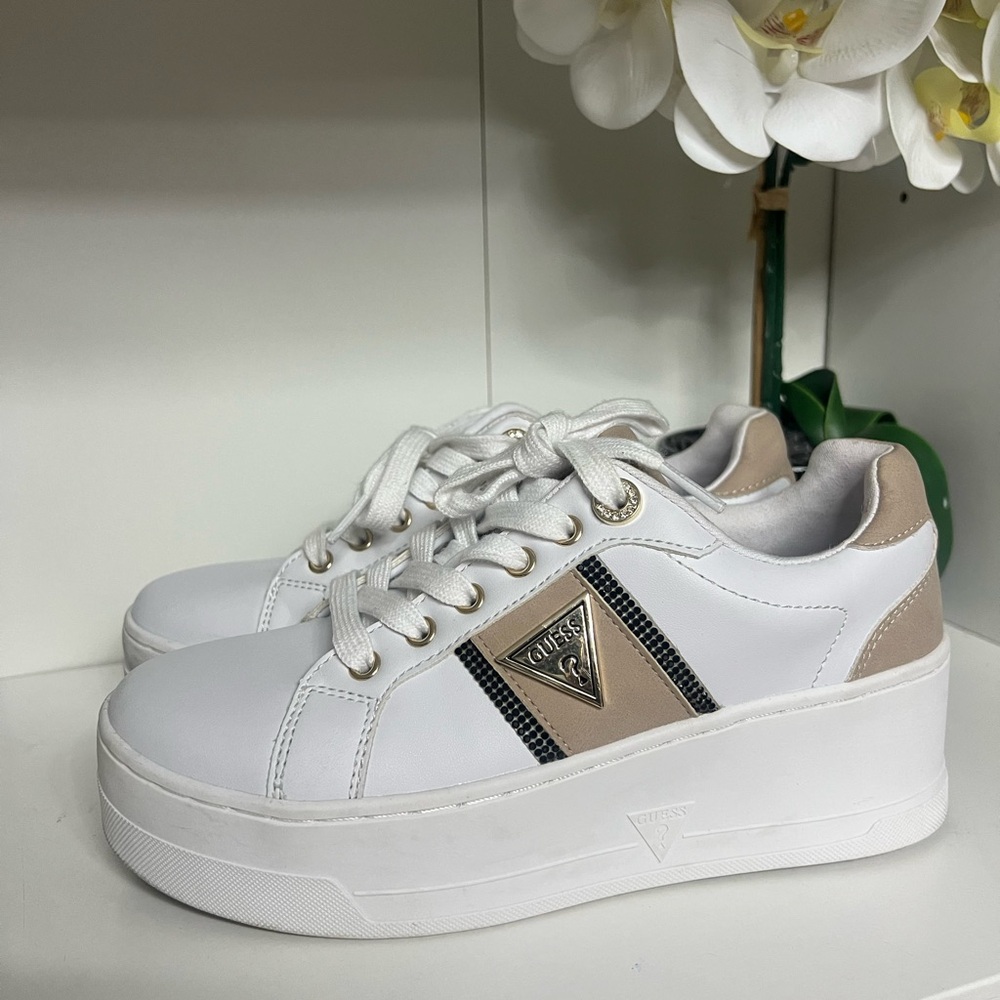 GUESS Women's White and Beige Platform Sneakers